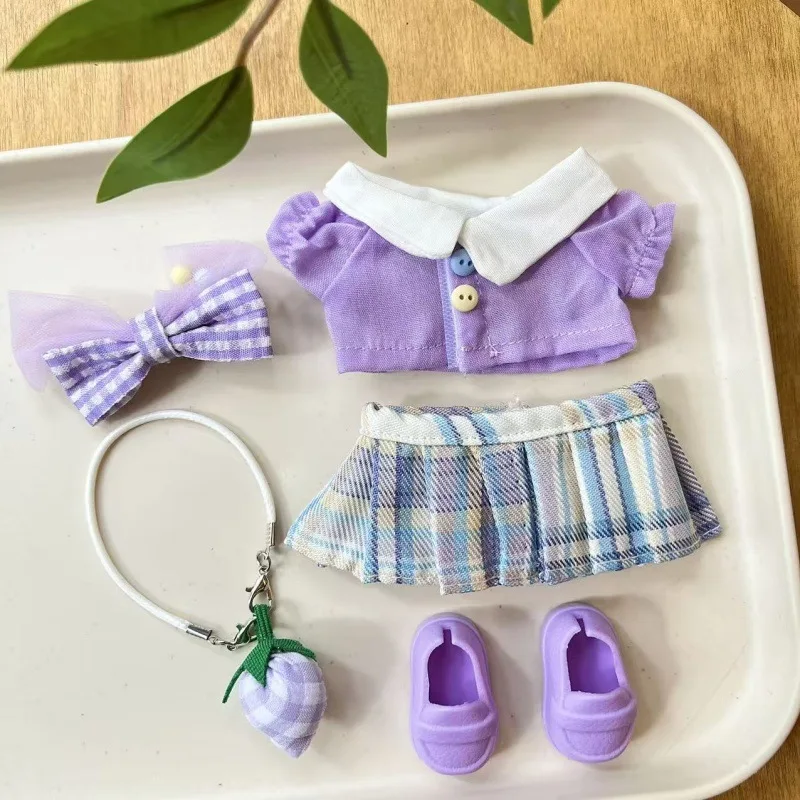 

School-Girl Style Doll Outfit Set For 15cm 17cm LABUBU Purple Blouse With JK Pleated Skirt Crossbody Bag & Hair Accessory