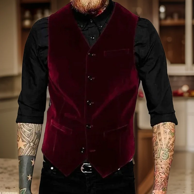 Burgundy Velvet Vest for Men Suit V Neck Single Breasted 1 Piece Casual Male Waistcoat New Fashion Coat