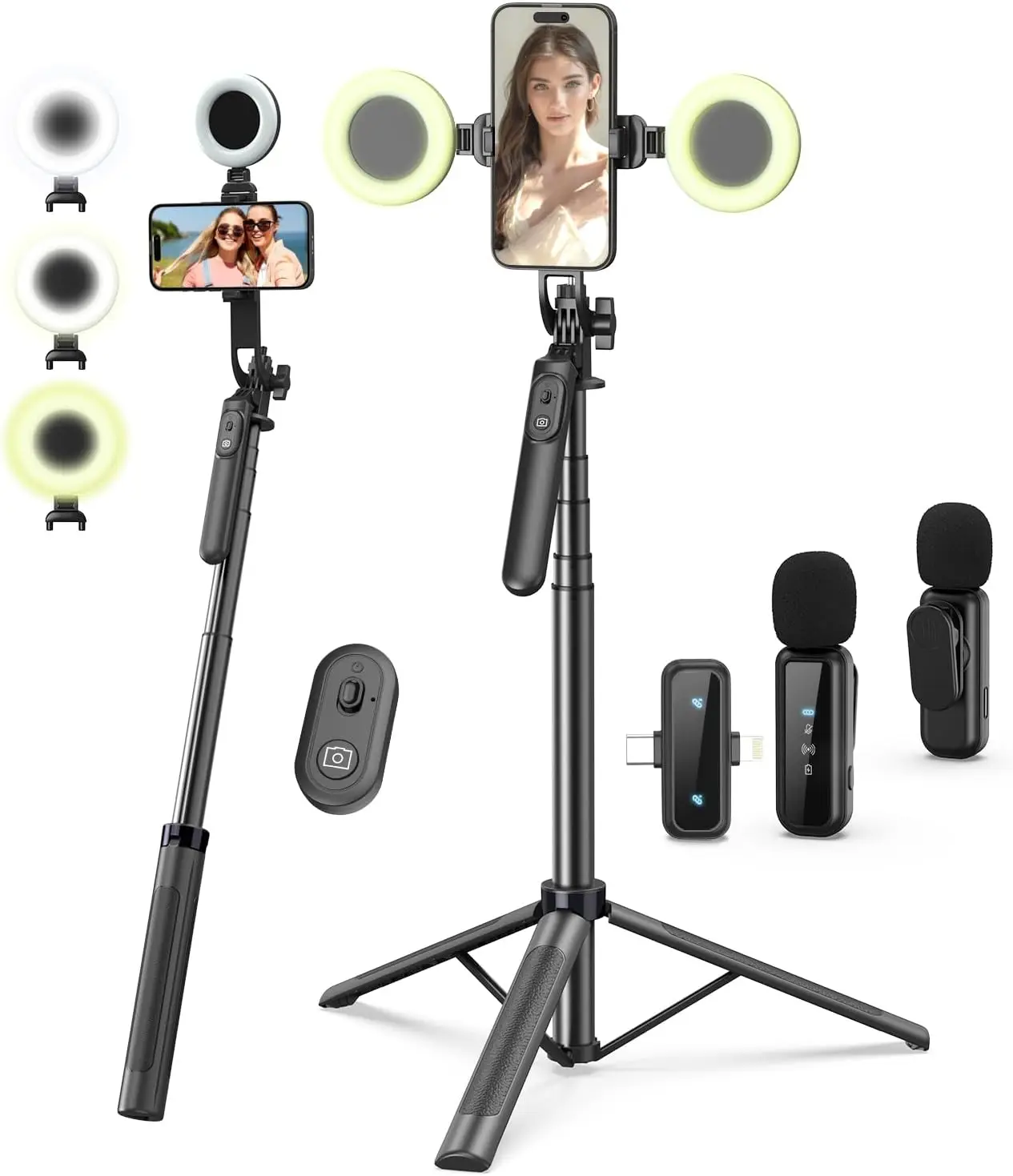 

Kit for iPhone/Android, 71" Selfie Stick Tripod for iPhone with Fill Light, Wireless Microphone & Remote, 360° Rotation