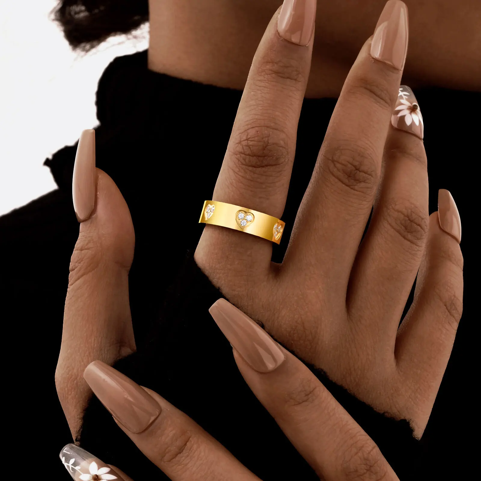 Vnox Stainless Steel Classical Rings For Women Men,Heart Carve Three Zircon Inlay Stackable Rings,Charm Jewelry Love Statement