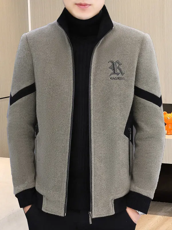 

Thiened Cotton Woolen Stand Collar Jaet ort Casual Men's Winter Coat Warm Faionable Urban Sle Zipper Closure Long S...