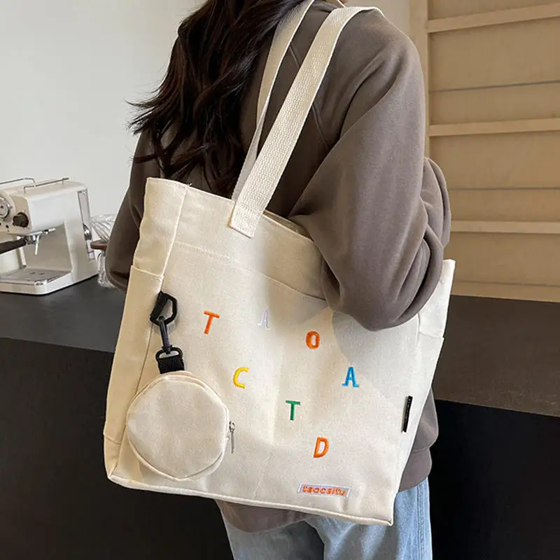 

Student Class Commuting Shoulder Bag Women's Canvas Large Capacity Tote Bag Versatile Simple Shoulder Handbag Spring Summer New