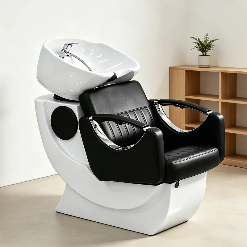 New Model Commercial Hair Salon Modern Sitting Leather High-Density Sponge Ceramic Flushing Shampoo Chair & Bed