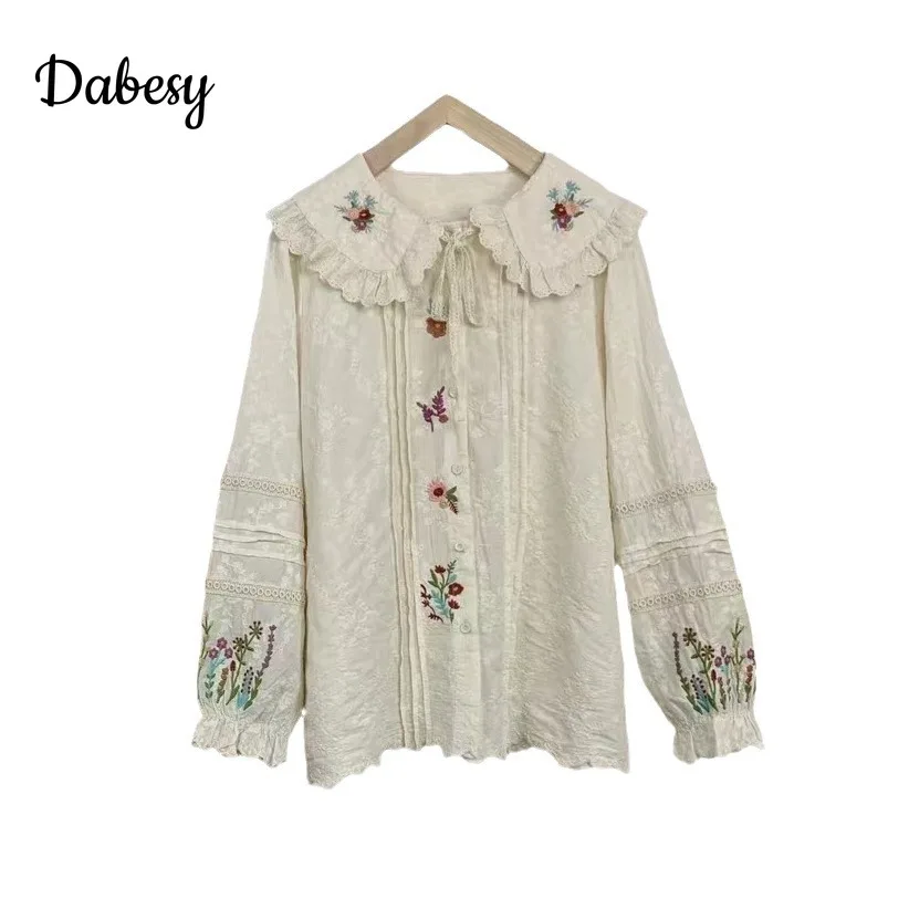 Japanese Big Peter Pan Collar Lolita Blouses Women Vintage Embroidery Preppy Style  Long Puff Sleeve Shirt Mori Girl Kawaii Tops