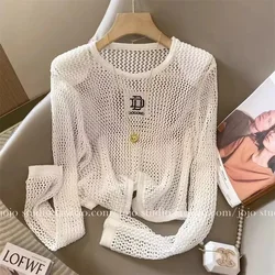 Odzież damska Solid Hollow Out Loose Soft Knitted Pullover Spring Autumn Basic Fashion Letter Embroidery O-neck Thin Sweaters