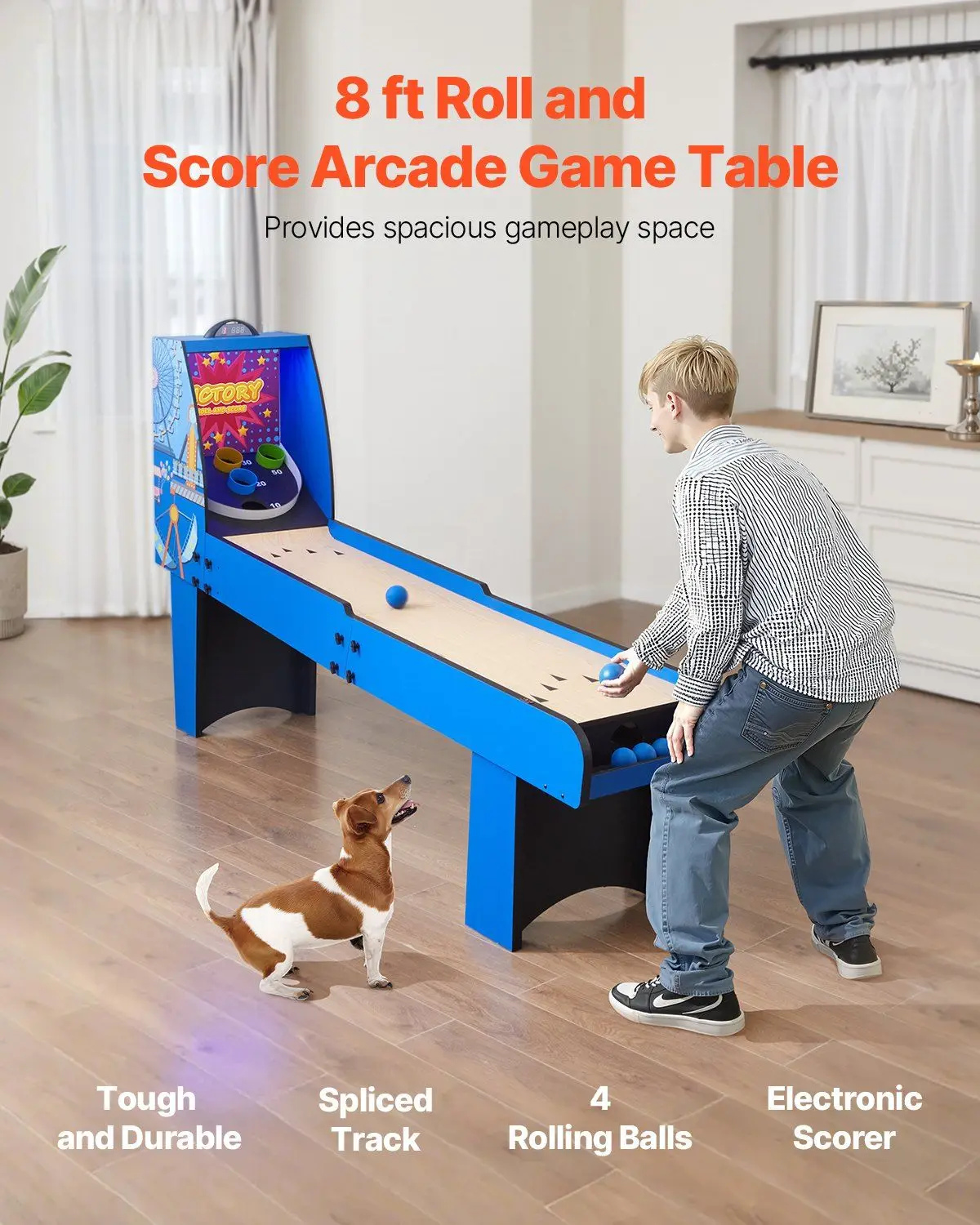 

8' Roll and Score Classic Arcade Game Table, Arcade Machine Indoor with Electronic Scorer, Sound, Automatic Ball Return for