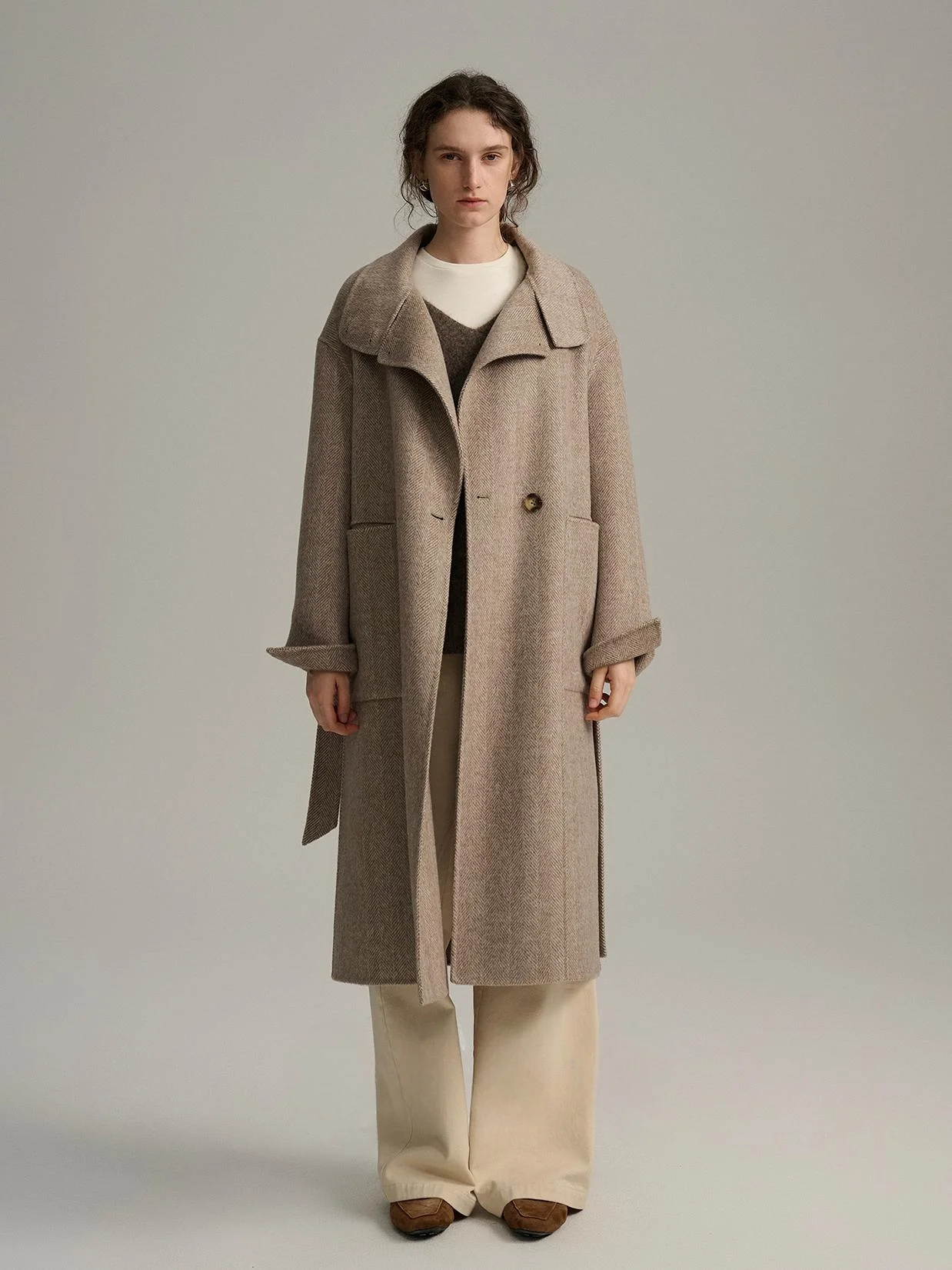 

Двустороннее шерстяное пальто QFKQ для женщин: зимнее, мягкое, элегантное, с высоким воротником, длинное, для повседневной носки, стильное, модное, верхняя одежда