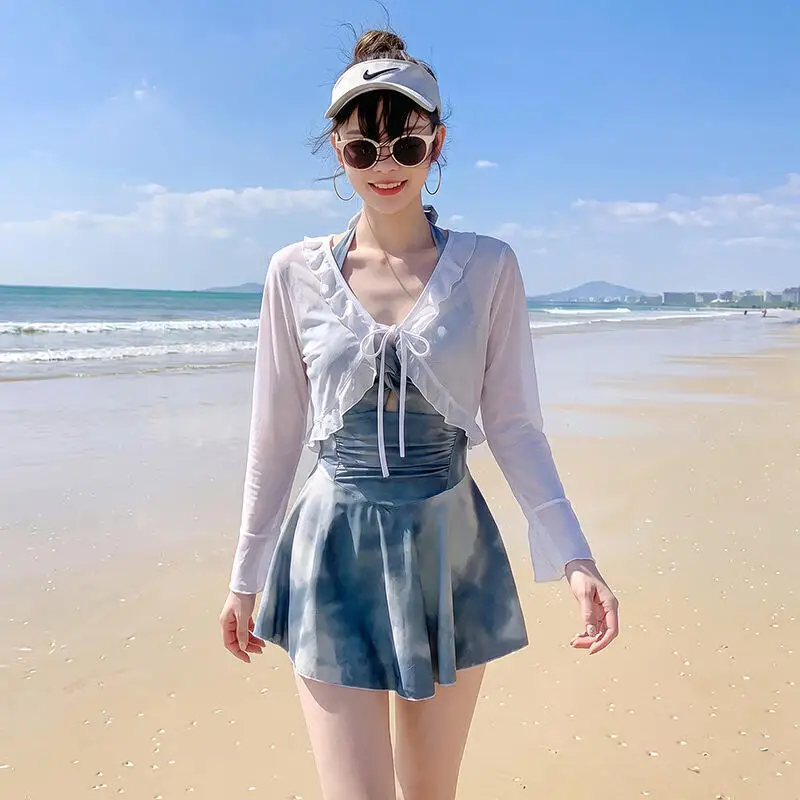 Summer New Women One-Piece Swimsuit Belly Covering Sun Protection Cover Beach Hot Spring Vacation Tie Dye Sexy Backless Swimsuit