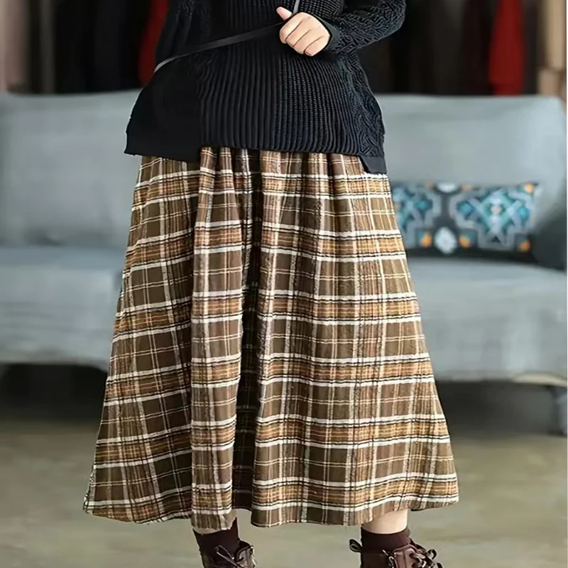 

New Style Loose-Fitting Versatile Artistic Retro Brushed Cotton Plaid Elastic Waist A-Line Skirt