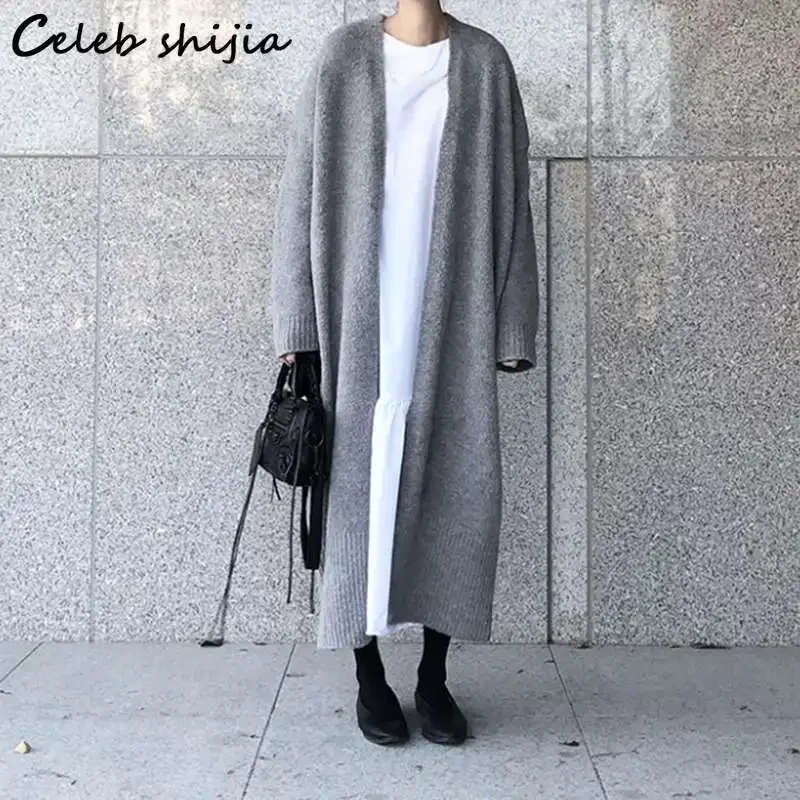 SHIJIA Harajuku Long Cardigan Women Sweater Gray Autumn Winter  Full Sleeve Oversized Cardigan Knitted Femal Fall Coat