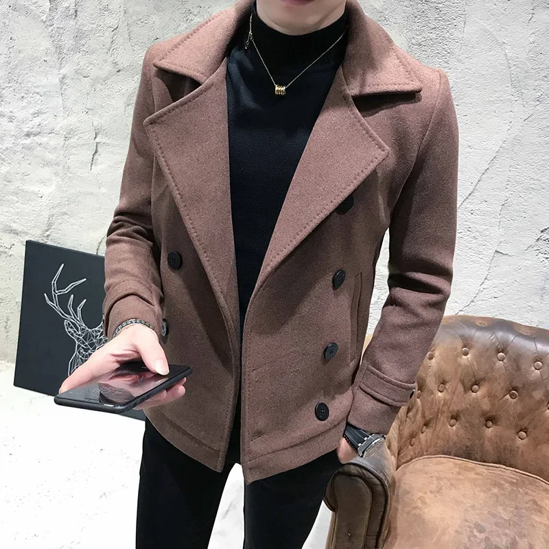 Autumn Winter Men Coat Thick Short Paragraph Solid Color Casual Woolen Coat Double-Breasted Casual Woolen Trench Coat Jacket