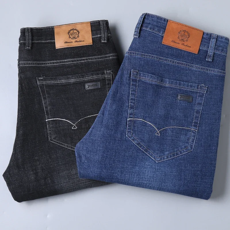 Pantalones de mezclilla de trabajo clásicos para hombre, Jeans de negocios, cómodos, informales, rectos, elásticos, ropa de marca de moda, azul y