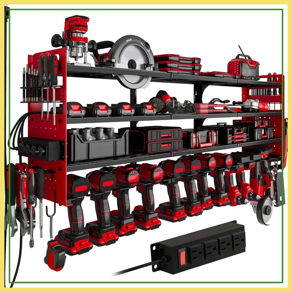 

12 Cordless Drill Holder Large Power Tool Organizer Wall Mount,4-Tier Heavy Duty Metal Tool Storage Rack，4-Outlet Power Strip