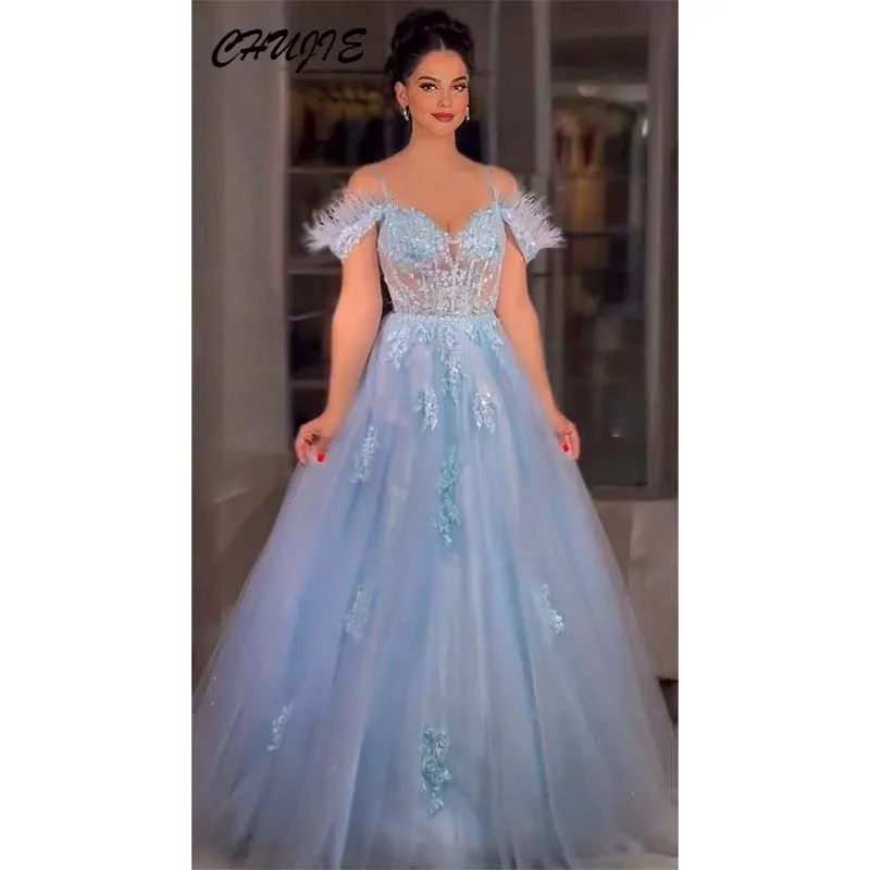 

Light Blue Appliques Strapless A line Prom Dresses Glitter Tulle vestidos de noche Floor Length Formal Evening Dress Customized