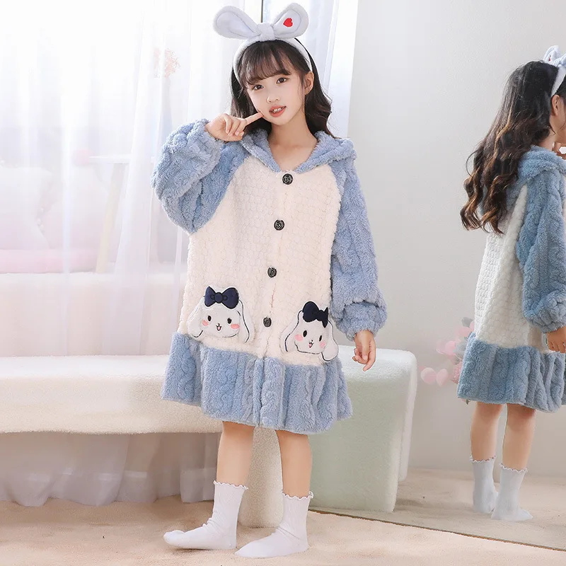 New Kawaii Sanrio Cartoon Kuromi Children's Pajamas Set Winter Flannel Hooded Pajamas Anime Melody Cinnamoroll Night-robe