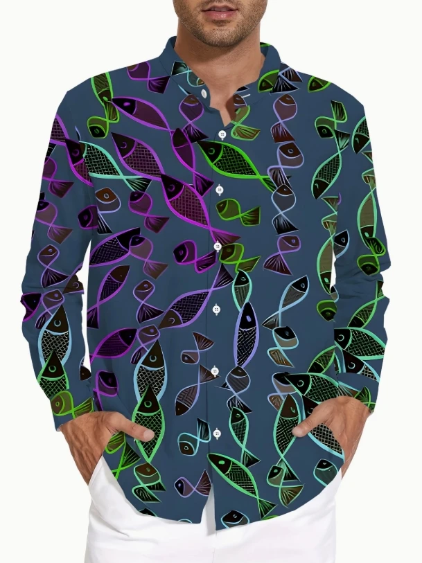 Men's Regular Fit Long Sleeve Shirt with Abstract Leaf Print -  Classic Collar Button-Up, All-Season Versatile Casual