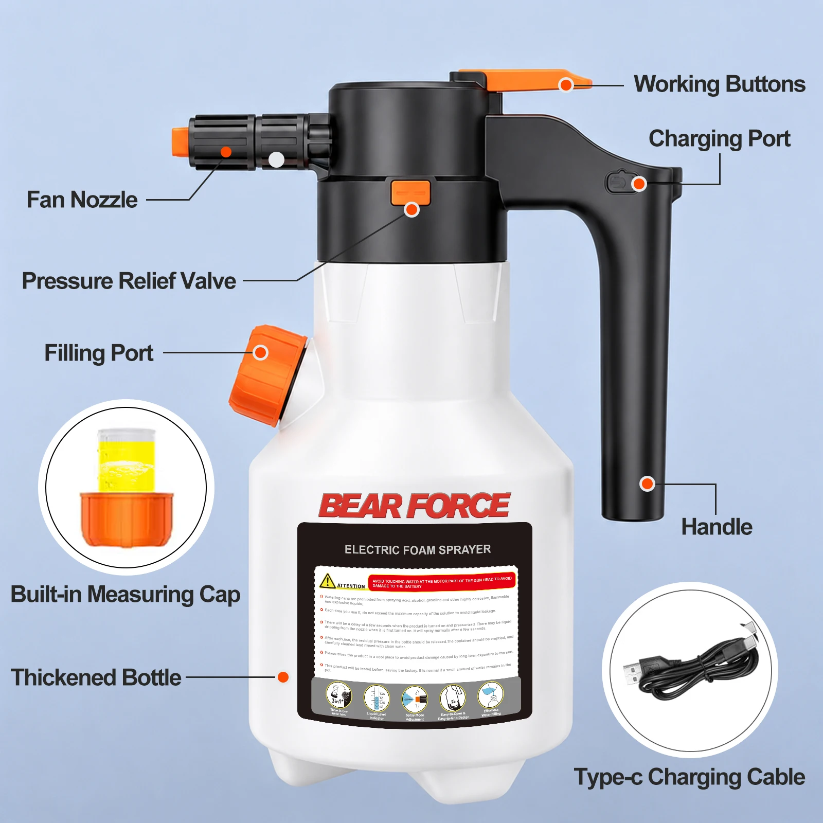 2L Electric Foam Sprayer, 3000mAh USB Rechargeable with Side Pour Spout, Foam Cannon for Car Wash Auto Detailing Garden Cleaning view 2