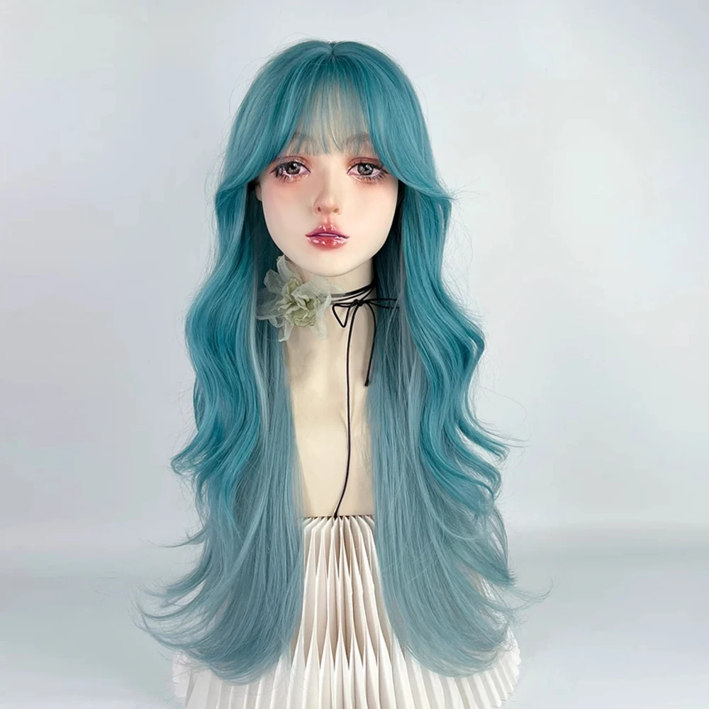 VICWIG Long Wavy Ombre Blue Green Blend Layer Synthetic Wig with Bangs Lolita Cosplay Women Fluffy Hair Wig for Daily Party