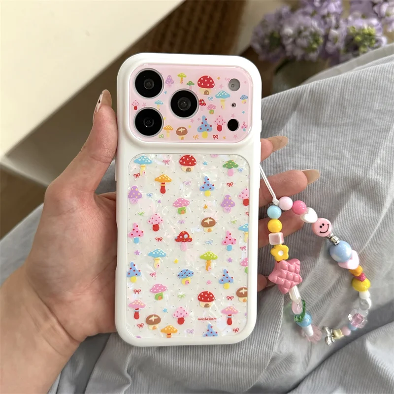 

Kawaii Mushroom Print Phone Case For iPhone 15 16 17 Pro Max With Matching Bead Strap Shockproof Cover fashion phone cases