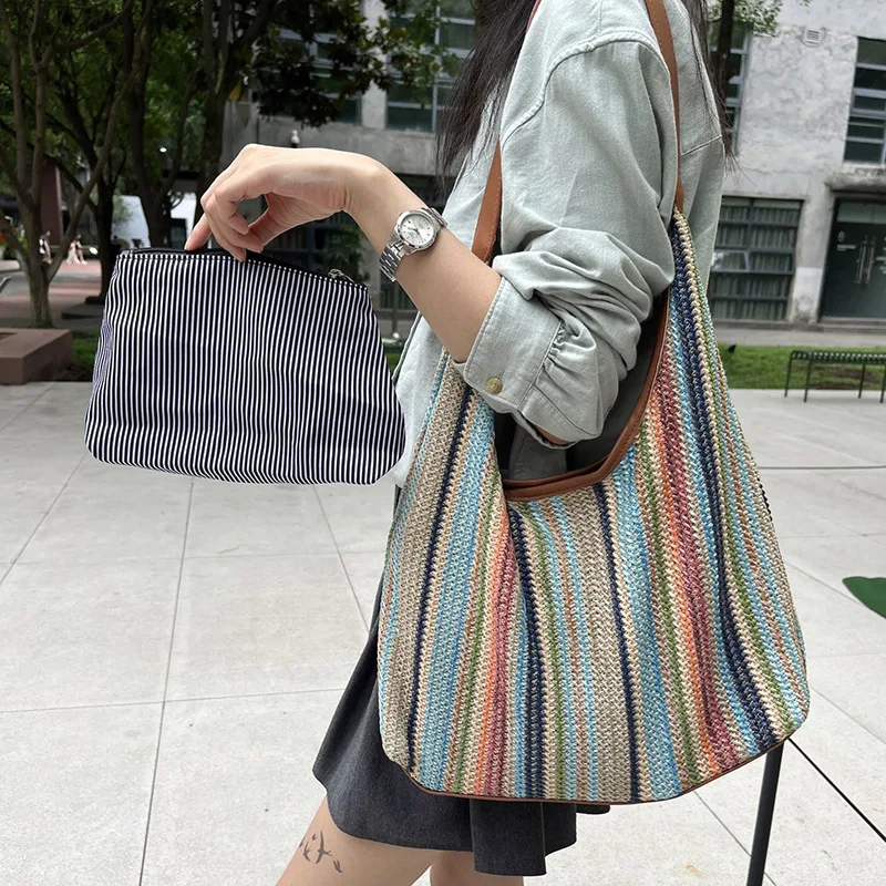 

Women's Fashion Straw Woven Shoulder Bag - Casual Large Capacity Tote, Mother-Daughter Combo Set, Underarm Hobo Bag Must-Have
