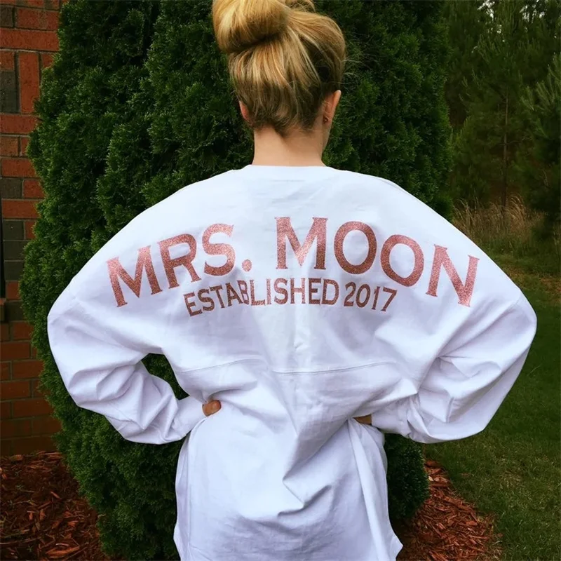 

Custom Oversized Mrs. Bride Jersey Shirt, Honeymoon Shirt, Engagement Gift, Last Name Est, Personalized Bridal Jersey