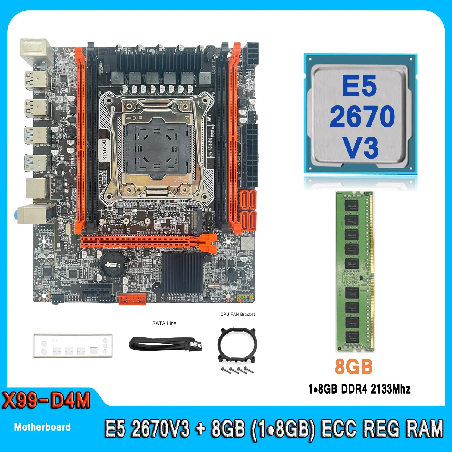 

X99 Motherboard LGA2011-3 Kit Xeon E5 2670 V3 CPU With 8GB DDR4 ECC RAM PCI-16 USB3.0 server M-ATX X99 E5 2670V3 Motherboard Set