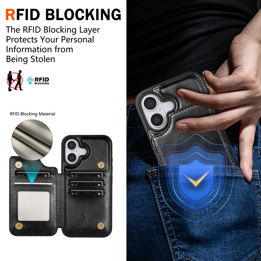 Wallet RFID Blocking Layer Protect Magnetic Leather Case Suitable For iPhone 17 17Air 17 Pro Max Shockproof Protective Card Bag