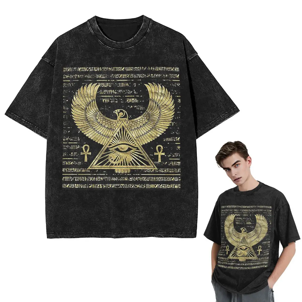 Streetwear T-Shirts Egyptian Eye Of Horus Wadjet Gold And Black Washed T Shirt Short Sleeve Hip Hop T-Shirt Tops Tees Men Women