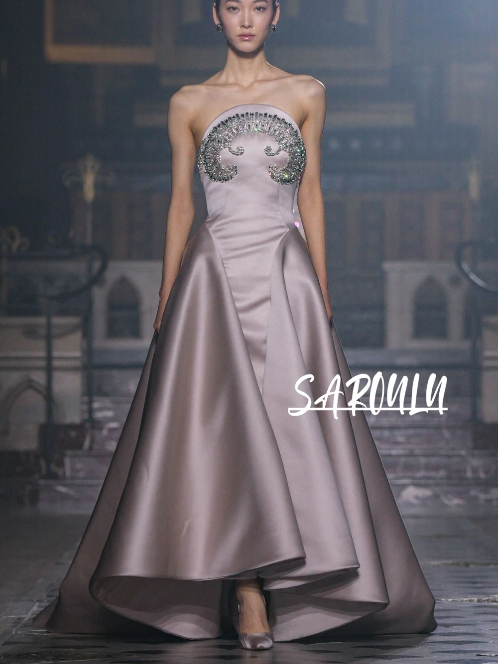 

Flowy Satin A Line Evening Dress Dainty Crystals Strapless Customized Prom Gown Birthday Banquet Party Gorgeous Cocktail Wear