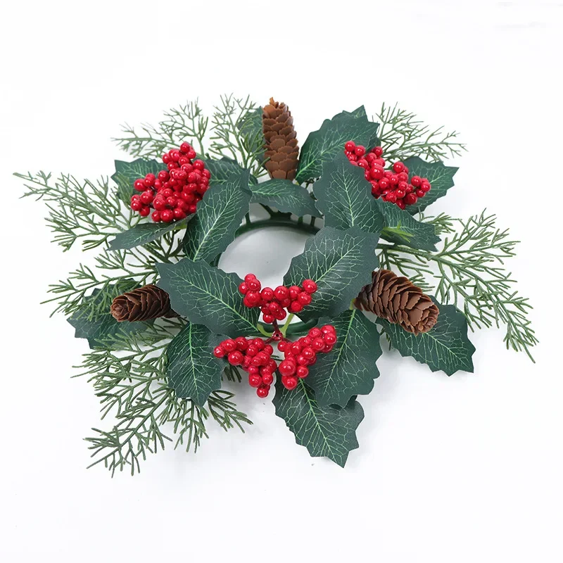 Artificial Flower Candle Wreath Garland Romantic Candle Rings Pinecone Green Leaf Candlestick Wreath Christmas Decor - Image 2