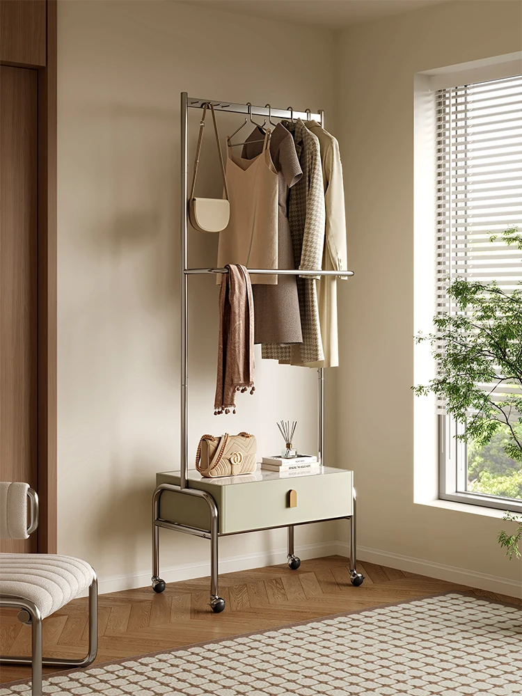 

Stainless steel coat rack with cabinet, household bedroom bedside clothes rack, light luxury movable floor hanging hanger