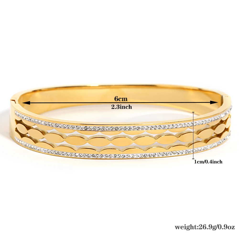 Greatera Trendy Rhinestone Charm Oval Stainless Steel Cuff Bracelet Bangles for Women Gold Plated Waterproof Jewelry