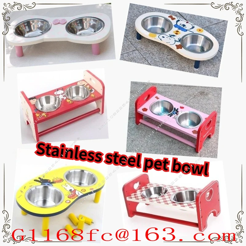 Wooden Frame Pet Bowl Daily Necessities Wooden Stainless Steel Double Bowl