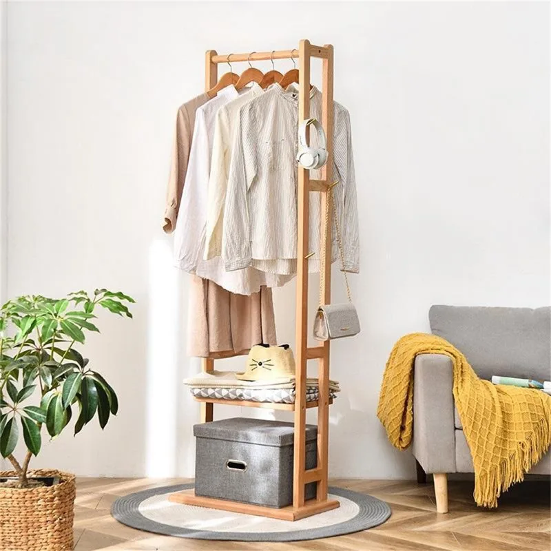 Furniture Standing Coat Rack Entryway Solid Wood Garment Hanger Stand Shelves Hooks