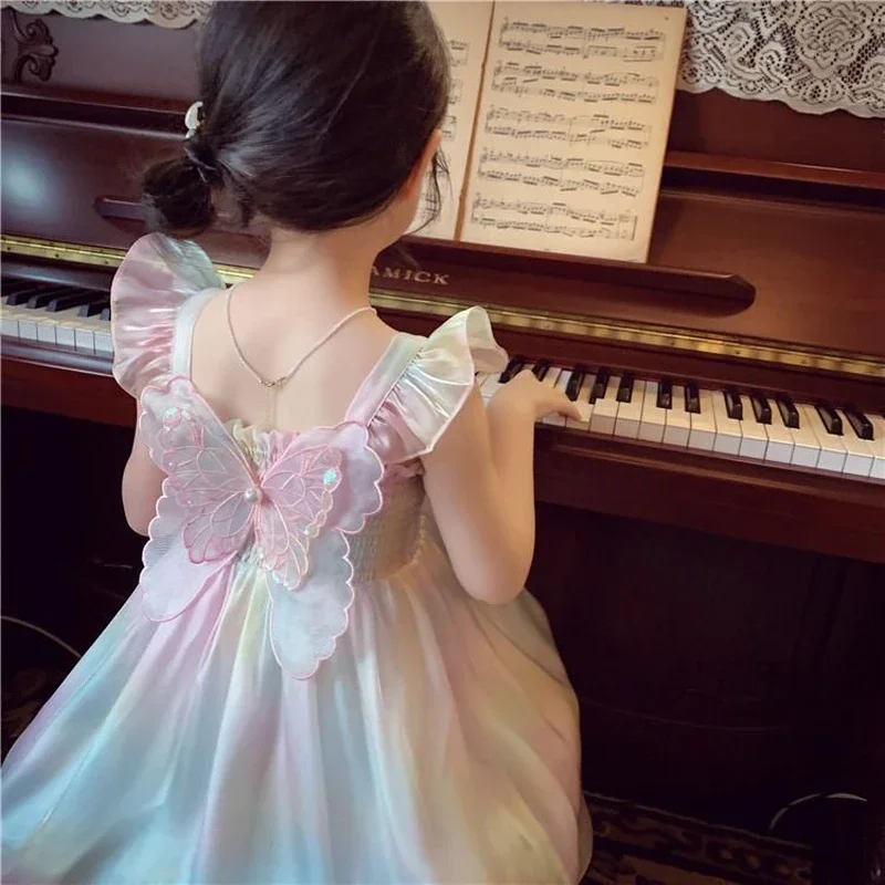 New Summer Cute Girls Princess Dress Gradient Rainbow Butterfly Decoration Mesh Dress For Girls Kids Party Prom Gown Clothes