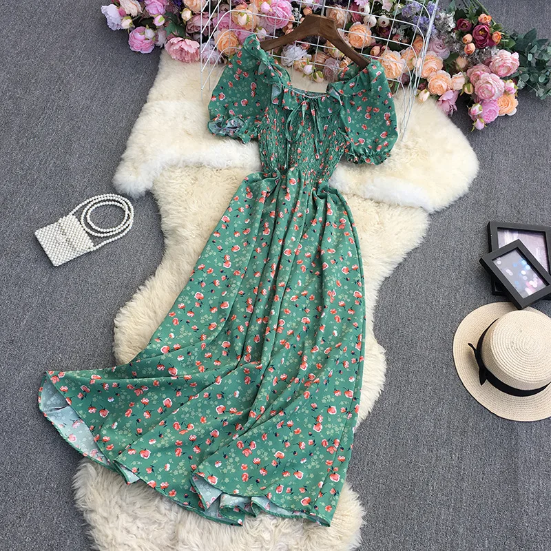 

Women Dresses Print Square Collar Pullover Party Dress Ankle Length Vestidos Loose High Street Draw String Folds Summer 2024