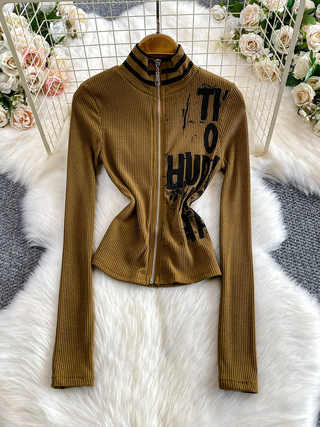 Retro American Striped Knitwear Zipper Slim Fit Women's Stand Collar Outerwear Long Sve Office Wear Summer Autumn Winter