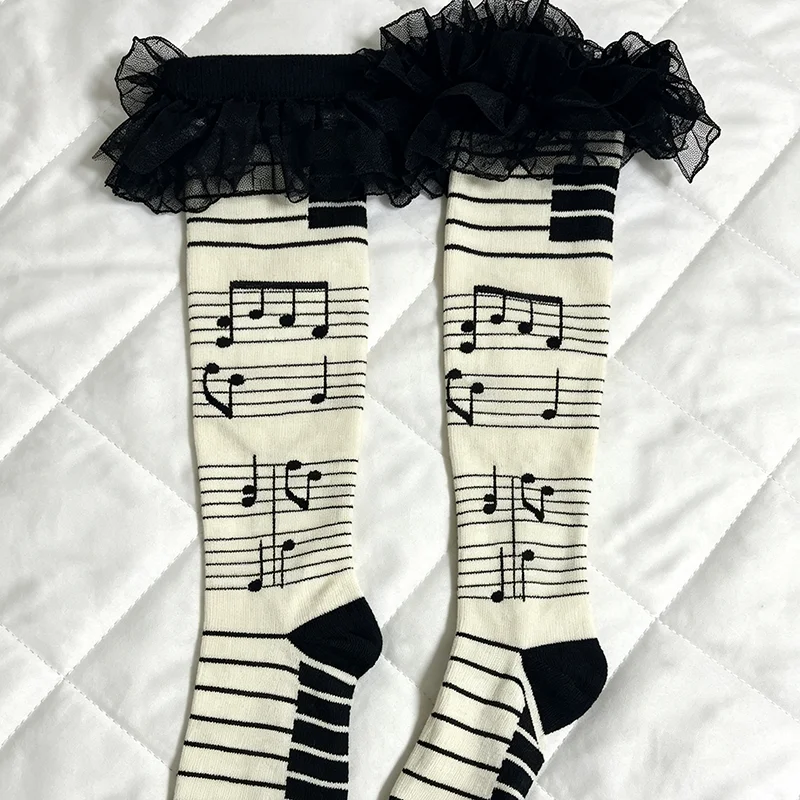 Personalized Elastic Music Note Socks Breathable Thin Musical Staff Stockings Creative Funky Y2K Black White Long Socks Cosplay