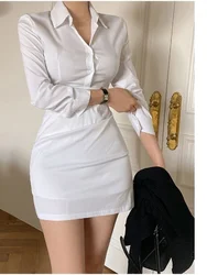 Sexy Polo Elegant WOMENGAGA White Mini Dress Goddess High Waist Slim Shirt Long Sleeve Tight Hip Dresses OL Sexy Korean 36KD