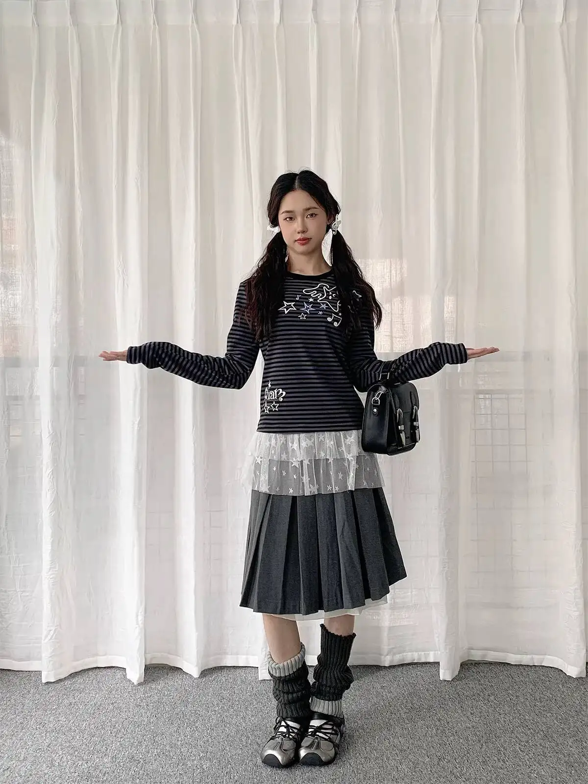 Y Demo Y2k-Camiseta de manga larga con estampado de estrellas a rayas y retazos de encaje para mujer, Camiseta larga empalmada de malla