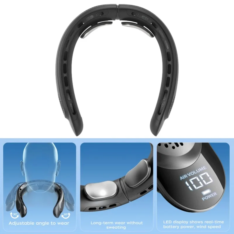 Portable Bladeless Neck Fan With LED Display 3600MAh Battery Operated Wearable Personal Fan Leafless USB Rechargeable Headphone