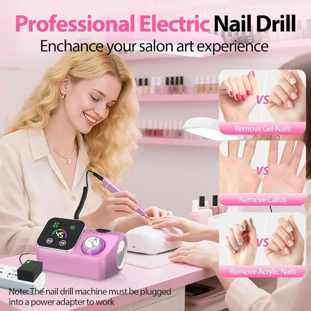 Portable ABS Electric Nail Drill Machine Rechargeable 45000RPM Nail Drill Machines LCD Display Pink HighSpeed Nail Drill Home