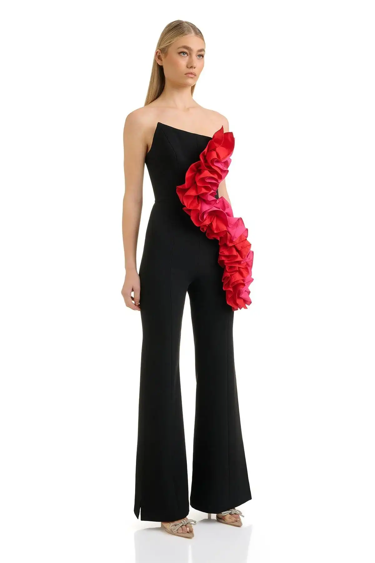 Fashion Runway Women Strapless Red RufflesBodycon Long Bandage Jumpsuit Celebrate Elegant Evening Party Birthday Wear