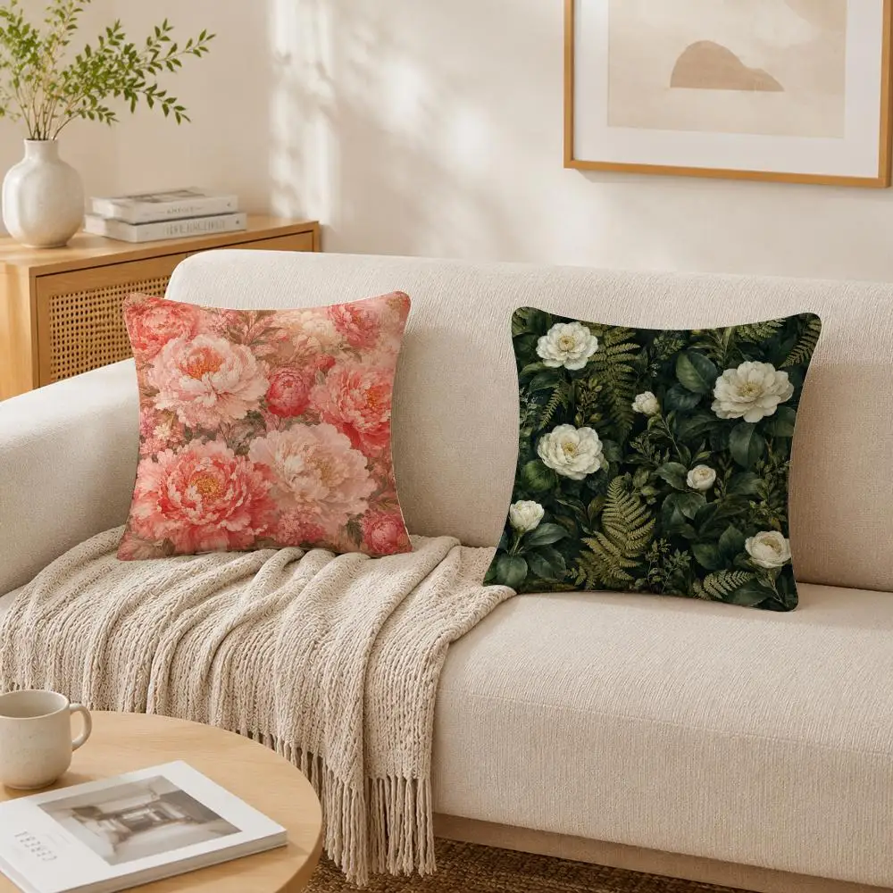 Retro Colorful Beautiful Flowers Pillow Case Double-Sided Plush Sofa Cushion Covers Organic Breathable Invisible Zipper