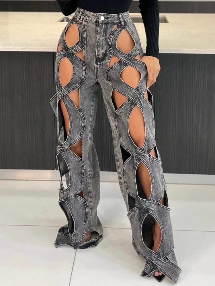 2024 Spring Hollow Out Jeans For Women High Waist Patchwork Zipper Casual Wide Leg Pants Female Fashion Clothing New