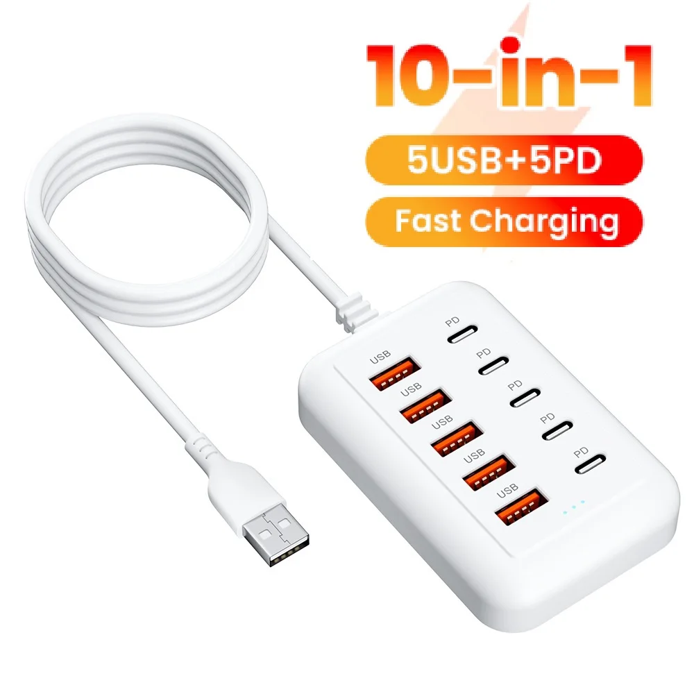 10 Ports USB Fast Charger Power Strip 5USB 5PD Multiport Desktop Charging Station Adapter Socket For iPhone Samsung Hub Extender