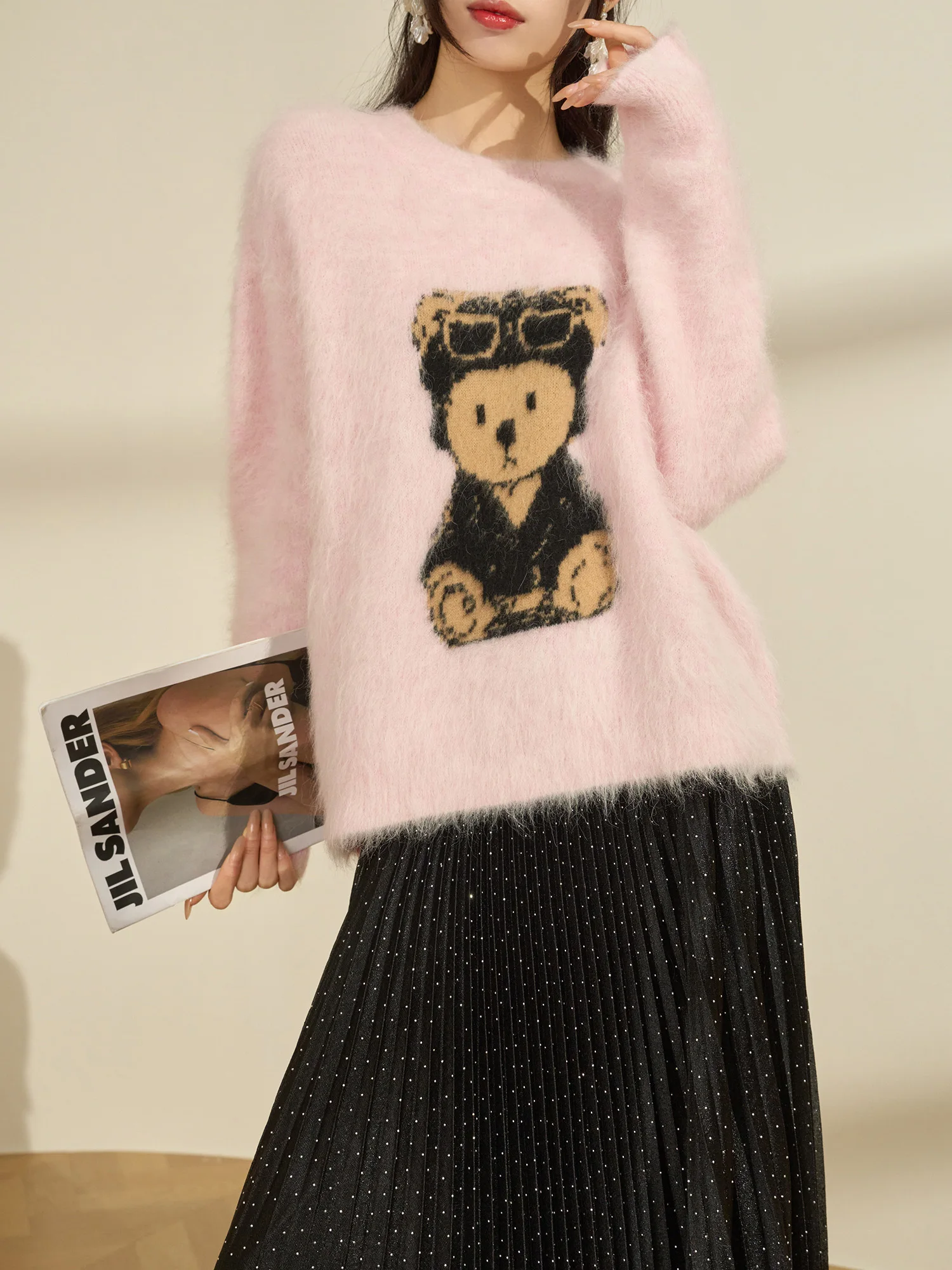 

Мягкий уютный женский вязаный шерстяной свитер розового цвета с узором «Медведь» из мохера, базовый слой, зимний, антивозрастной, свободного кроя, для повседневной носки