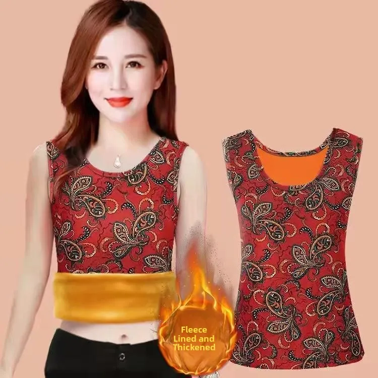 Women's Fleece Lined Thick Winter Vest Warm Underwear Base Shirt Close Fitting Inner Wear Casual Loose Style No Sleeve