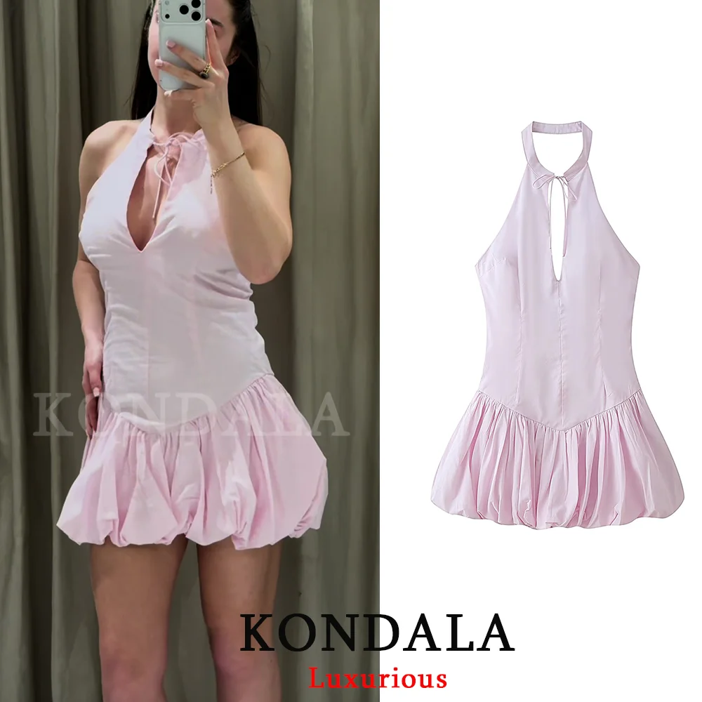 KONDALA Sexy Schickes Damenkleid Rosa Einfarbig Neckholder Ärmellos Reißverschluss Falten Kurzes Kleid Mode 2026 Sommer Frühling Elegantes Kleid