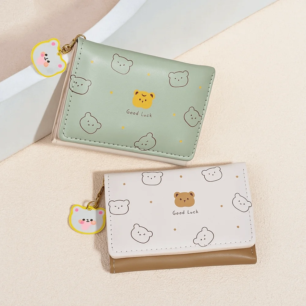 محفظة محمولة مطبوعة على شكل دب كرتوني قابلة للطي محفظة قصيرة ناعمة متعددة الفتحات حافظة بطاقات للطلاب